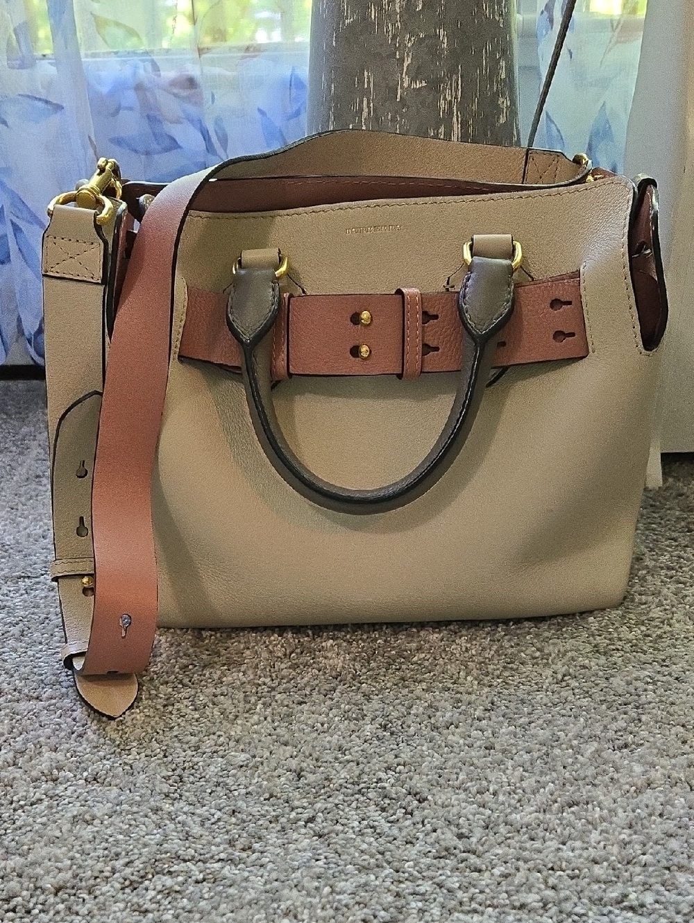 Burberry Cream and Mauve Leather Buckle-Accent Satchel